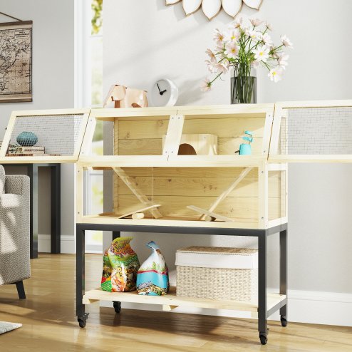 PawHut Hamster Cage, Wooden Gerbil Cage with Storage Shelf, Wheels, Ramps, Water Bottle, Hut, Seesaws, for Dwarf, Syrian, Gerbil