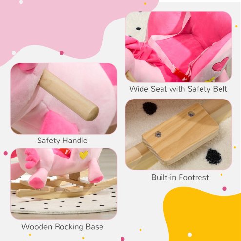 HOMCOM Rocking Horse, Kids Plush Ride on Unicorn with Songs, Wooden Base, Seat Belt, for Toddlers 18-36 Months, Pink