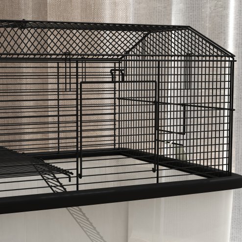 PawHut Hamster Cage, Gerbil Cage 2 Tier with Wheels, Deep Bottom, Ramp, Food Dish, Water Bottle, for Dwarf, Syrian, 57 x 43 x 57cm - Black