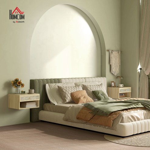 HOMCOM Floating Bedside Tables, Nordic Nightstands Set of 2 with Rattan Drawer and Open Shelf for Bedroom, Nature Wood Finish