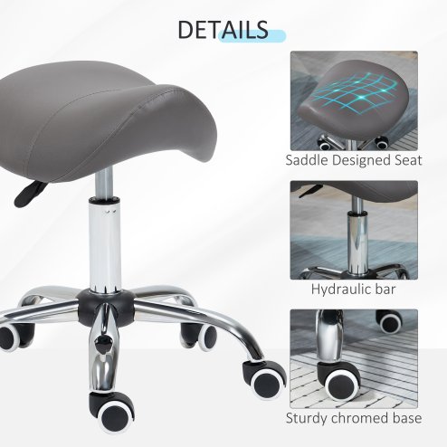 HOMCOM Cosmetic Stool 360?? Rotate Height Adjustable Salon Massage Spa Chair Hydraulic Rolling Faux Leather Saddle Stool Mobility, Grey