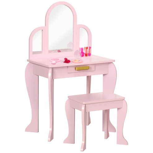 HOMCOM Kids Dressing Table and Stool Kids Vanity Set Makeup Desk w/ Mirror, Drawer, for Ages 3-6 Years - Pink