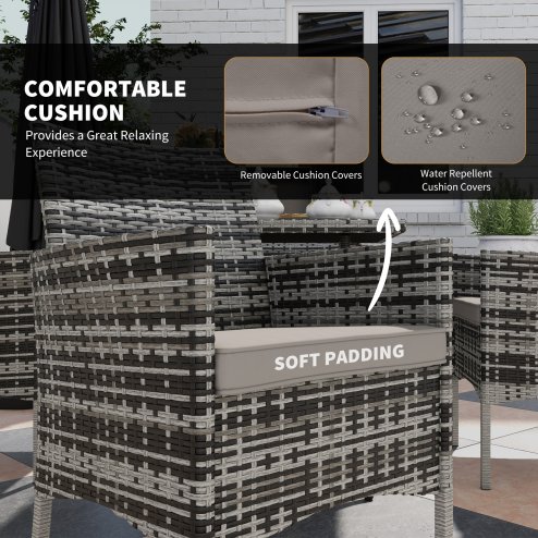 Outsunny 4 Seater Rattan Dining Set with Cushions, 5 Pieces Garden Dining Set with Glass Tabletop, PE Rattan Garden Furniture Set with Dining Table and Armchairs for Patio, Balcony, Mixed Grey