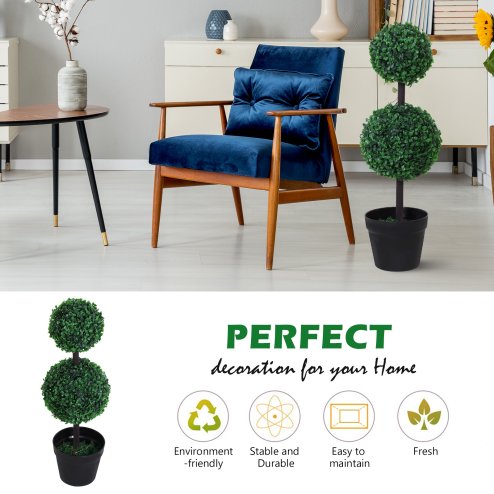 Outsunny Set of 2 Artificial Boxwood Ball Topiary Trees Potted Decorative Plant Indoor D??cor (67cm)