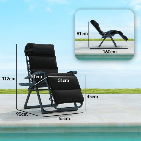 Outsunny Zero Gravity Chairs Set of 2, Folding Reclining Garden Chair, Outdoor Sun Lounger with Cushion, Garden Recliner Chairs with Headrest and Cup Phone Holder Tray for Beach, Black