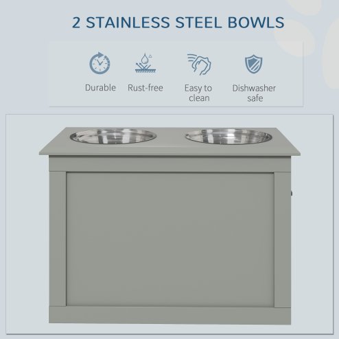 PawHut Raised Dog Bowls, Pet Feeding Storage Station with Two Stainless Steel Bowls, Base, for Large Dogs, Grey