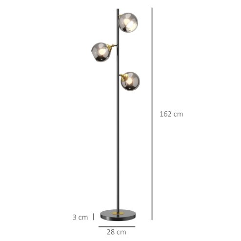 HOMCOM 3-Light Floor Lamp for Living Room with Glass Global Lampshade, Modern Standing Lamp for Bedroom, Bulb not Included, Grey
