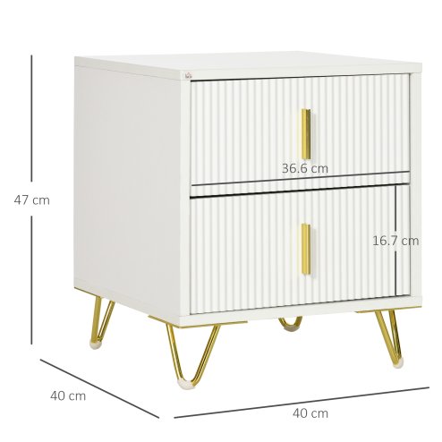 HOMCOM Modern 2 Drawer Dresser, Fluted Bedroom Dresser Chest of Drawers with Metal Legs and Steel Handles for Bedroom, White