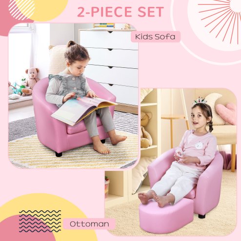 HOMCOM Children's Armchairs Toddler Chair Sofa Footstool 2-in-1 Design for Girls with Thick Padding, Anti-skid Foot Pads, Wood Frame, Pink