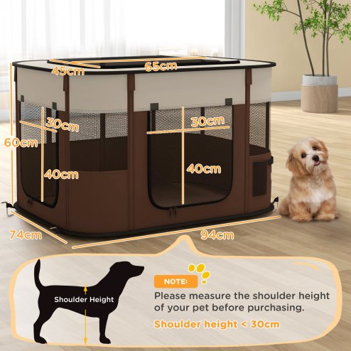 PawHut Dog Pen, Pet Playpen, Portable Foldable Dog Cat Playpen Soft Pet Cage with Storage Bag for Puppies, Rabbits, Kittens, Guinea Pigs, 94 x 74 x 60cm - Brown