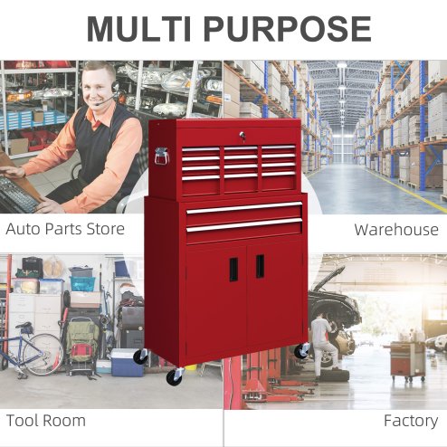HOMCOM Tool Chest, Metal Tool Cabinet on Wheels with 6 Drawers, Pegboard, Top Chest and Roller Cabinet Combo, 61.6 x 33 x 108cm, Red