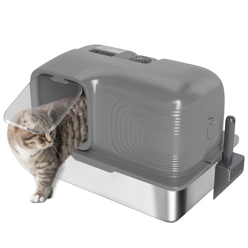 PawHut Stainless Steel Litter Tray with Plasma Deodoriser System, 65L Extra Large Enclosed Litter Box with Lid High, Sided Wall and Scoop for Larger Cats, Easy to Clean & Odour-Resistant, Grey