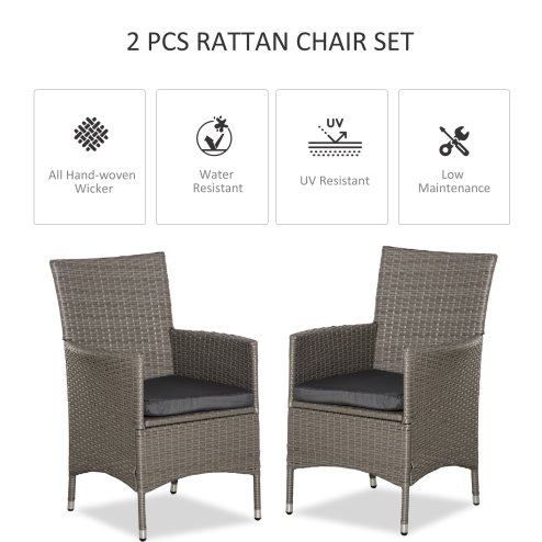 Outsunny 2 Pieces Outdoor PE Rattan Dining Chairs Set with Cushion, Garden Armchair with Armrests, High Backrest, Metal Frame Patio Wicker Furniture, Grey