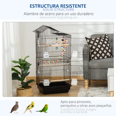 PawHut Bird Cage for Budgies, Finches, Canaries w/ Accessories, Toys, Tray, Handle, 46 x 36 x 100cm - Black