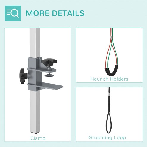 PawHut Foldable Pet Grooming Arm w/ Clamp 30 Inch Height Adjustable, Dog Grooming Loop, Two No Sit Haunch Holders for Small Medium Dogs, Sliver