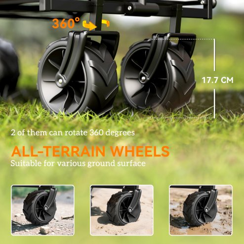 Outsunny 120L Festival Trolley on Wheels, Folding Camping Trolley Cart with Removable Canopy, All-Terrain Wheels, Adjustable Handle and Side Pockets for Garden Beach Fishing Shopping, Orange