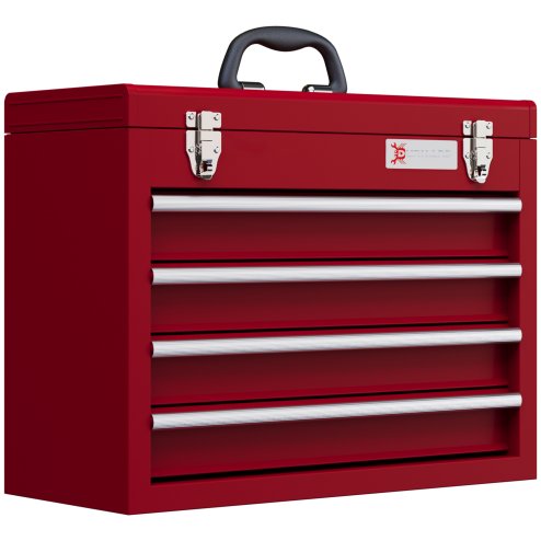DURHAND 4 Drawer Tool Chest, Lockable Metal Tool Box with Ball Bearing Runners, Portable Toolbox, 510mm x 220mm x 395mm, Red