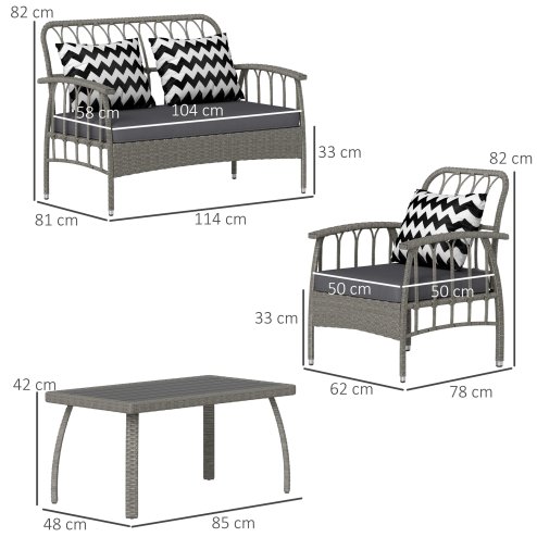 Outsunny 4 Piece Rattan Garden Furniture Set, Garden Sofa Set with 5-Level Adjustable Armchairs, Loveseat, Coffee Table and Cushions, Wicker Outdoor Conservatory Furniture for Patio Balcony, Grey