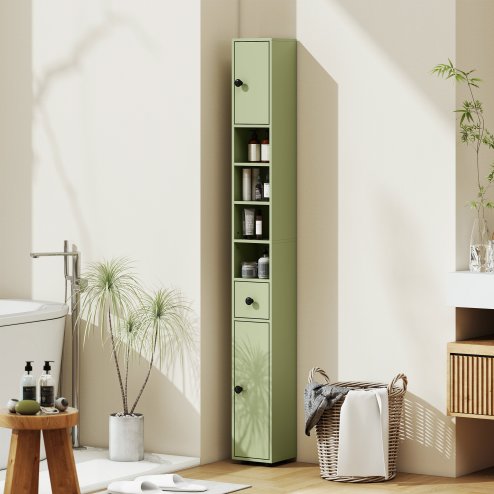 kleankin 180cm Tall Bathroom Cabinet, Slim Bathroom Storage Cabinet with 4 Open Shelves, 2 Door Cupboards and Adjustable Shelves, Green