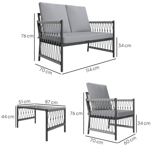 Outsunny 4 Piece Rattan Garden Furniture Set, 4 Seater Wicker Patio Conversation Set with 2 Armchairs, Loveseat, Glass Top Coffee Table and Cushions for Outdoor, Balcony, Grey