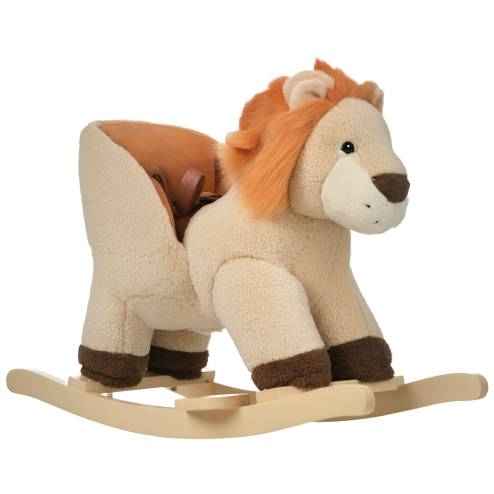 HOMCOM Kids Children Rocking Horse Plush Ride On Lion Seat w/ Sound Wood Base Seat Safety Belt Toddler Baby Toy for 18-36 Months Brown