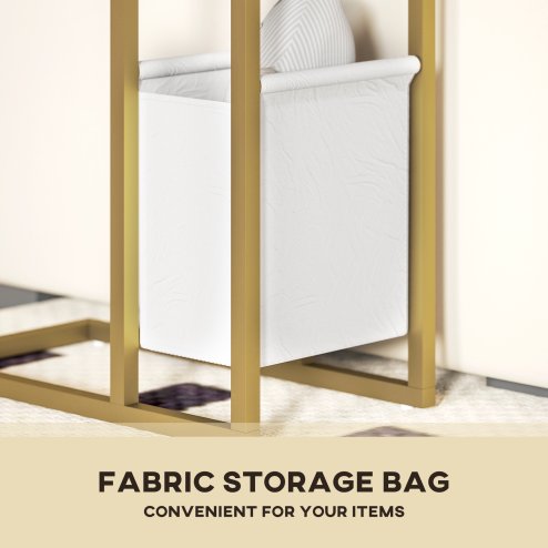 HOMCOM C Shaped Side Table with Storage and Charging Station, Faux Marble Narrow Bedside Table with Fabric Storage Bag and Steel Frame for Living Room, Bedroom, White