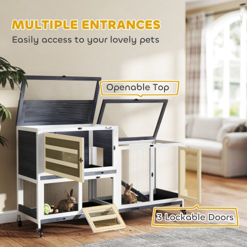 PawHut Rabbit Hutch with Run, 2-Tier Wooden Guinea Pig Hutch with Wheels, 2 Openable Tops, 3 Plastic Trays, Small Animal House Indoor for 2-3 Bunnies, Guinea Pigs, 147 x 45 x 89.5cm, Grey