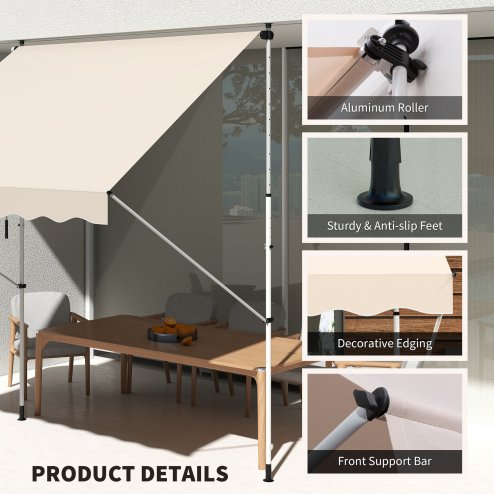 Outsunny Balcony 3 x 1.5m Manual Adjustable Awning, DIY Patio Clamp Awning Canopy, Retractable Shade Shelter Easy to Move for Balcony, Beige
