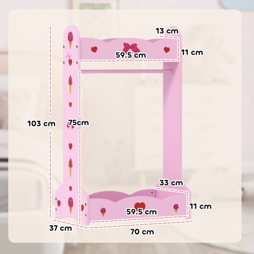 AIYAPLAY Kids Clothes Rail, Dress Up Rail with Top, Bottom Storage Shelves, for Bedroom, Kids Room, Nursery, 70 x 37 x 103cm, Hot Pink