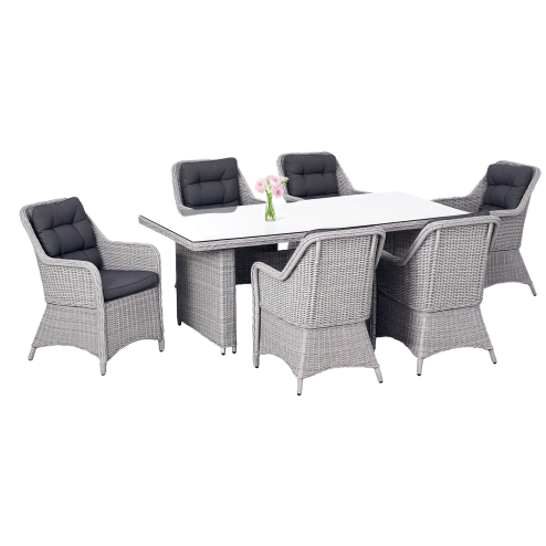 Outsunny 6 Seater Rattan Dining Set, Round PE Rattan Garden Furniture Set with Seat and Back Cushions, Aluminium Outdoor Dining Table and Chairs with 6 Armchairs, Rectangular Glass Top Table, Grey