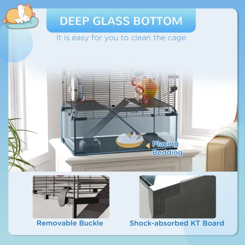 PawHut Large Hamster Cage, Gerbil Cage with Deep Glass Bottom, Tunnels, Non-Slip Ramps, Exercise Wheels, Water Bottle, Dish, 60 x 40 x 57cm