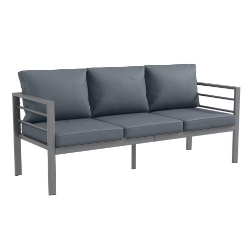 Outsunny Garden Bench with Cushions, 3-Seater Sofa, Aluminium Frame Outdoor Furniture with Backrest, Armrest and Back Cushions, 185 x 66 x 64cm, Grey