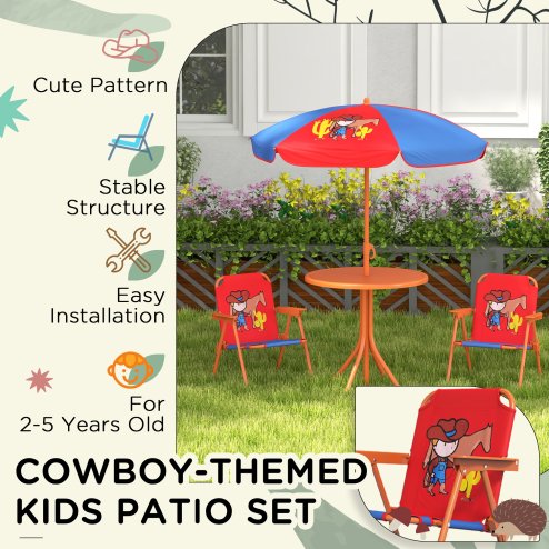 Outsunny Kids Bistro Set Children Table and Chair Set Garden Furniture Cowboy Themed 4 Pieces w/ Adjustable Parasol, Foldable Chairs for 2-5 Years - Blue and Red