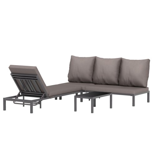 Outsunny 3 Pieces Garden Sun Loungers Set with Cushion, 5-level Adjustable Outdoor Recliner Bed Set w/ Glass Top Table, 2-In-1 Design Aluminium Frame Recliner Lounge or Use As Sofa Bed, Grey