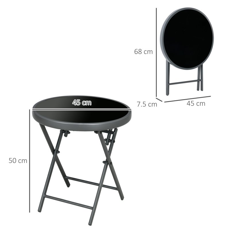 Outsunny ??45cm Garden Side Table, Outdoor Round Folding Patio Table with Imitation Marble Glass Top, Small Coffee Table, Black