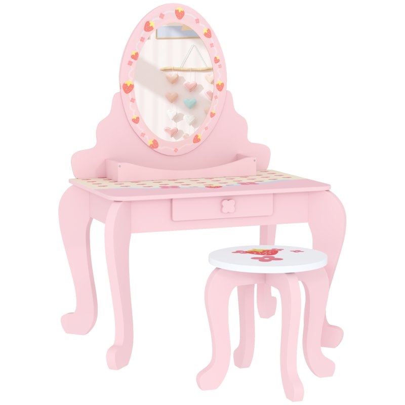 AIYAPLAY Kids Dressing Table Set, Two-Piece Children Vanity Table with Stool, Mirror, Drawer, Desktop Storage, Strawberry-Theme Makeup Desk, Chair, Pink