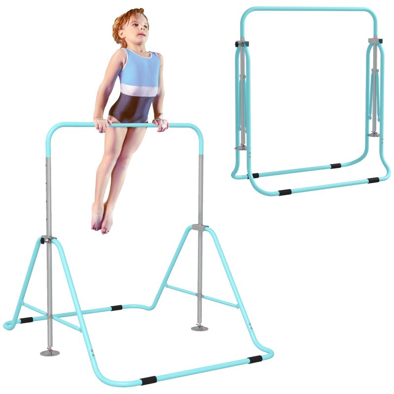 HOMCOM Kids Gymnastic Bar, Foldable Horizontal Bars w/ Adjustable Height, Training Bar w/ Triangle Base - Light Blue