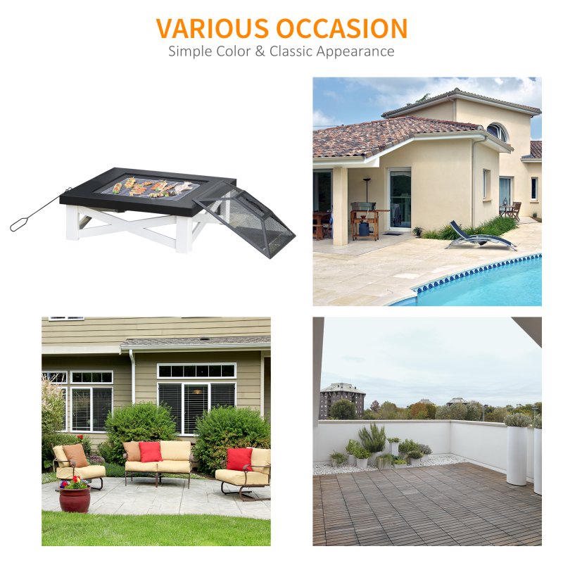 Outsunny Outdoor 3 in 1 Square Fire Pit Brazier with BBQ Grill, Metal Large Firepit with Lid, Log Grate, Poker for Backyard, Camping, Bonfire, Wood Burning Stove, 86 x 86 x 38cm, Black