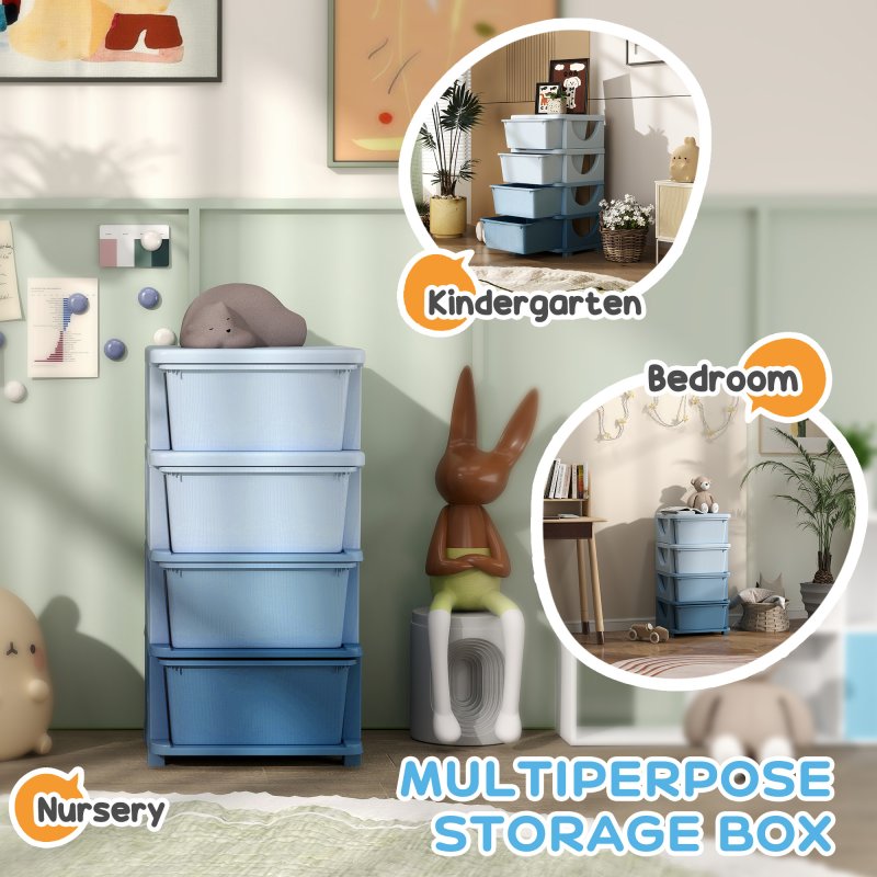 HOMCOM Kids Storage Units with 4 Drawers 4 Tier Chest Vertical Dresser Tower Toy Organiser for Nursery Playroom Kindergarten Blue