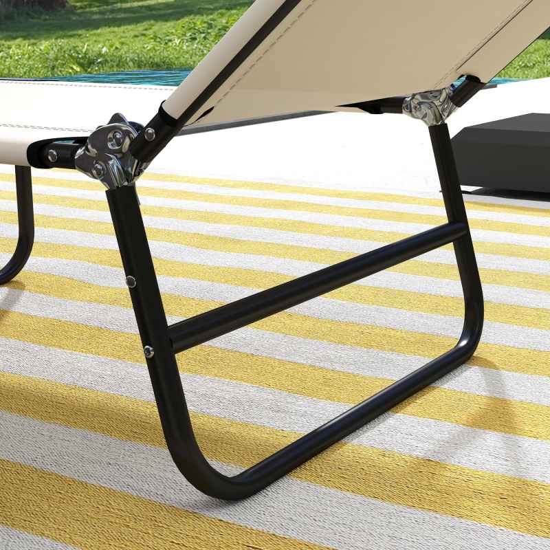 Outsunny Foldable Sun Lounger Set of 2 with 5-Position Adjustable Backrest, Outdoor Portable Recliner Chaise Lounge Chair with Breathable Mesh Fabric, Cream White