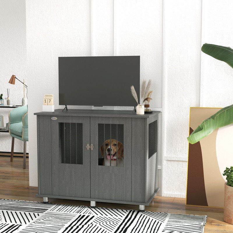 PawHut Dog Crate Furniture End Table, Pet Kennel for Medium Large Dogs with Magnetic Door Indoor Animal Cage, Grey, 95 x 55 x 75 cm