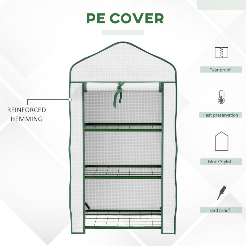Outsunny 3 Tier Mini Greenhouse with Reinforced PE Cover, Portable Indoor Outdoor Greenhouse with Roll-up Door and Wire Shelves, 127H x 59W x 39D cm, White