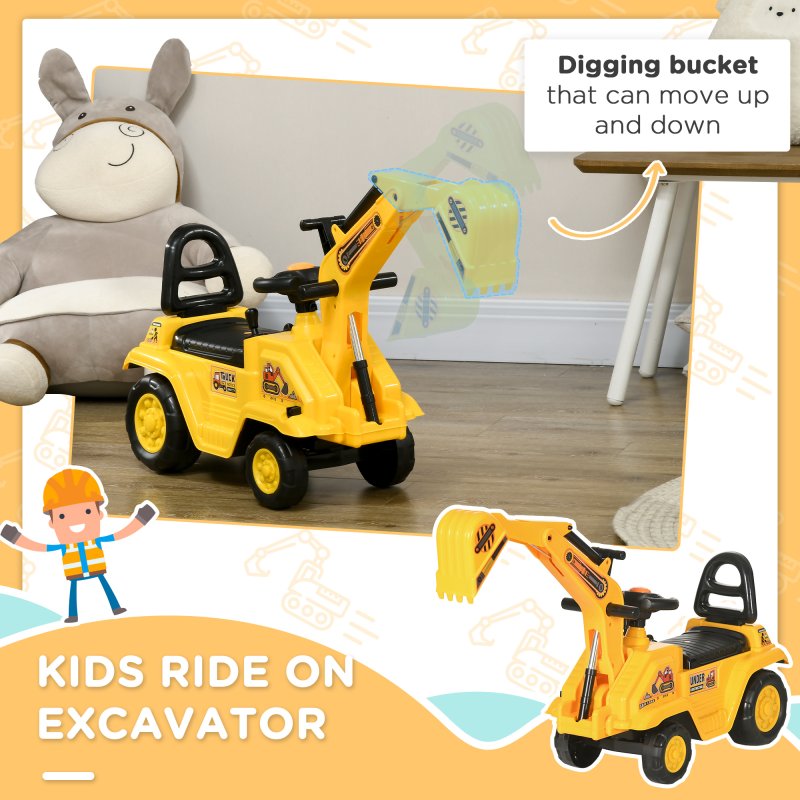 HOMCOM Ride On Tractor, 2 in 1 Kids Ride On Digger Pull Cart with Bucket, Under Seat Storage, Horn, High Backrest, Ride On Toy for 1.5-4 Years, Yellow
