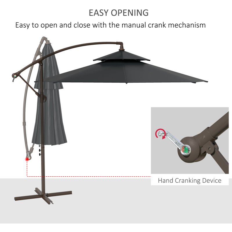 Outsunny 2.7m Garden Banana Parasol Cantilever Umbrella with Crank Handle, Double Tier Canopy and Cross Base for Outdoor, Hanging Sun Shade, Black