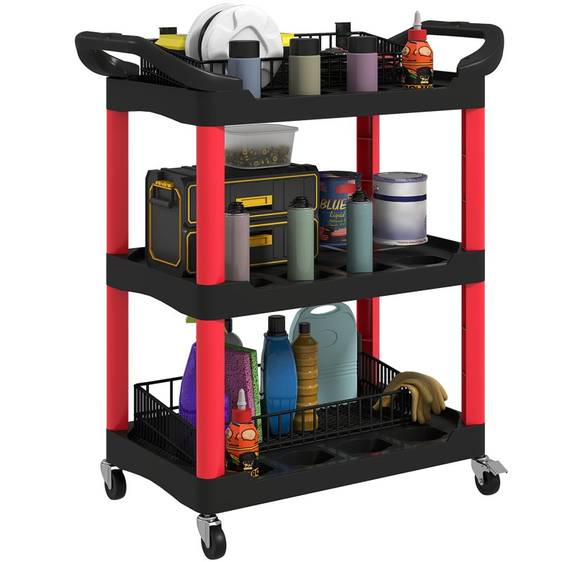 HOMCOM 3-Tier Rolling Tool Cart, Tool Trolley on Wheels, Plastic Mobile Service Utility Cart with Handles for Garage, Mechanics and Warehouse, 91kg Capacity, Black and Red