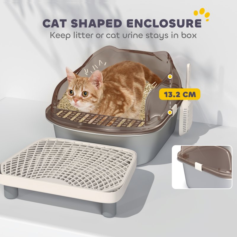 PawHut Stainless Steel Litter Box with Lid, Metal Cat Litter Tray for Big Cats with High Wall Sided Enclosure, Pedal, Scoop, Non-Sticky, Anti-Leakage, Easy Cleaning