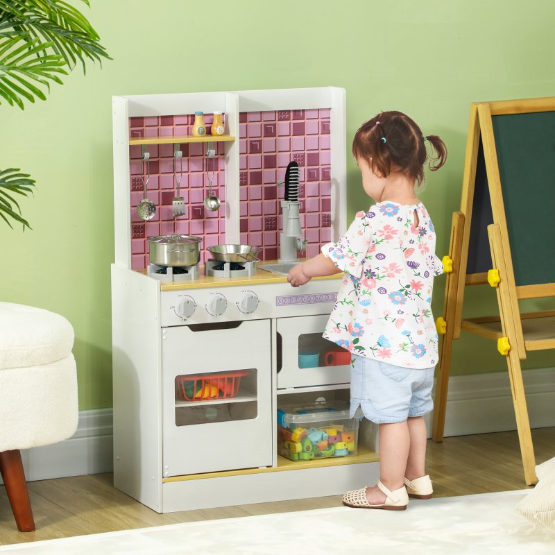 AIYAPLAY Kids Play Kitchen, Pretend Play Kitchen with Realistic Over, Stove, Sink, Kitchen Accessories, Cooking Playset with Light, Sound, for Ages 3+ Years, White