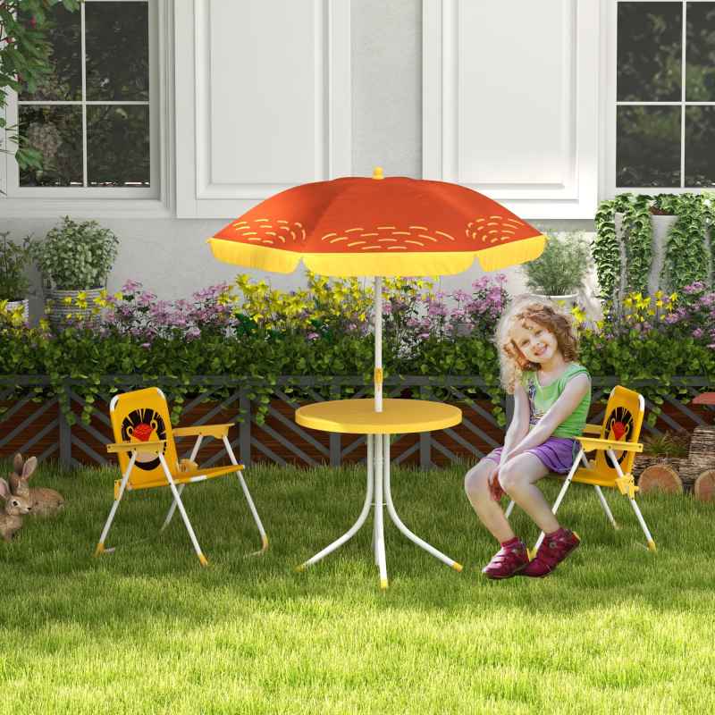 Outsunny Kids Bistro Set Children Table and Chair Set Garden Furniture Lion Themed 4 Pieces w/ Adjustable Parasol, Foldable Chairs for 2-5 Years - Yellow
