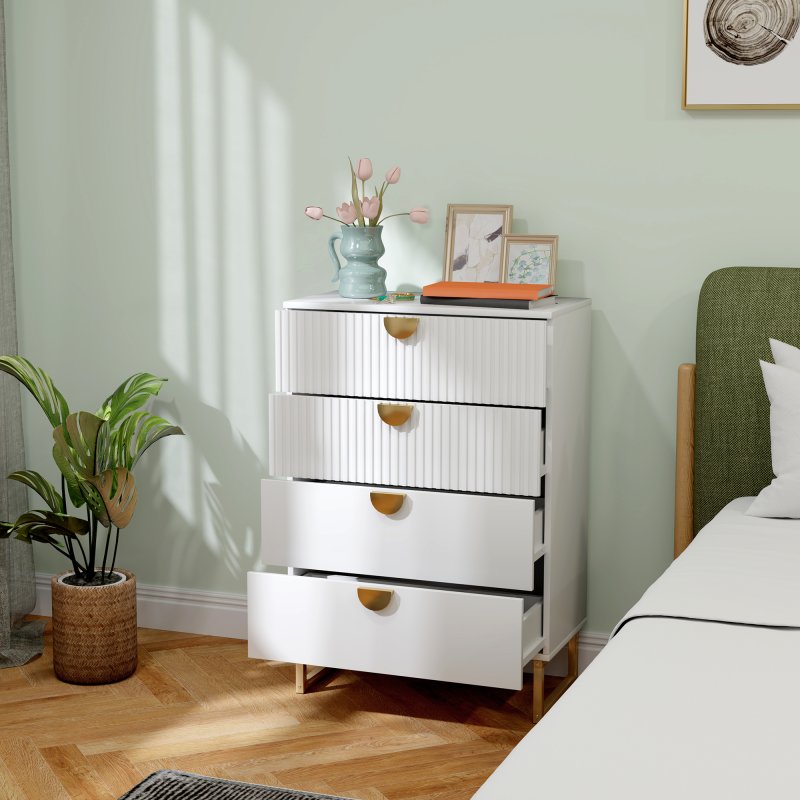 HOMCOM Bedroom Chest of Drawers with Gold Tone Handle, Modern Fluted 4-Drawer Dresser with Metal Legs for Living Room, Hallway, White