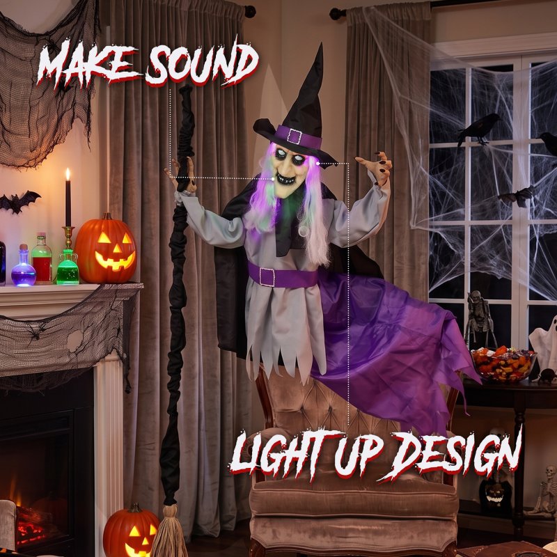 HOMCOM 200cm Life Size Animated Flying Witch Halloween Decorations Outdoor Indoor, Scary Halloween Animatronics Decor with Sound Touch Activated, Light Up Animated Prop for Yard Garden